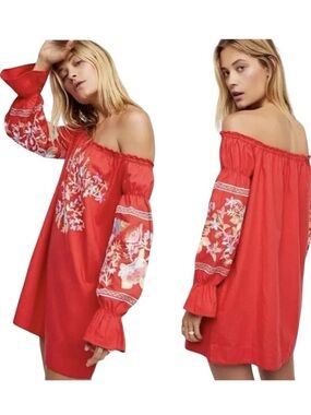 Free People Red Floral Embroidered Off-Shoulder Top